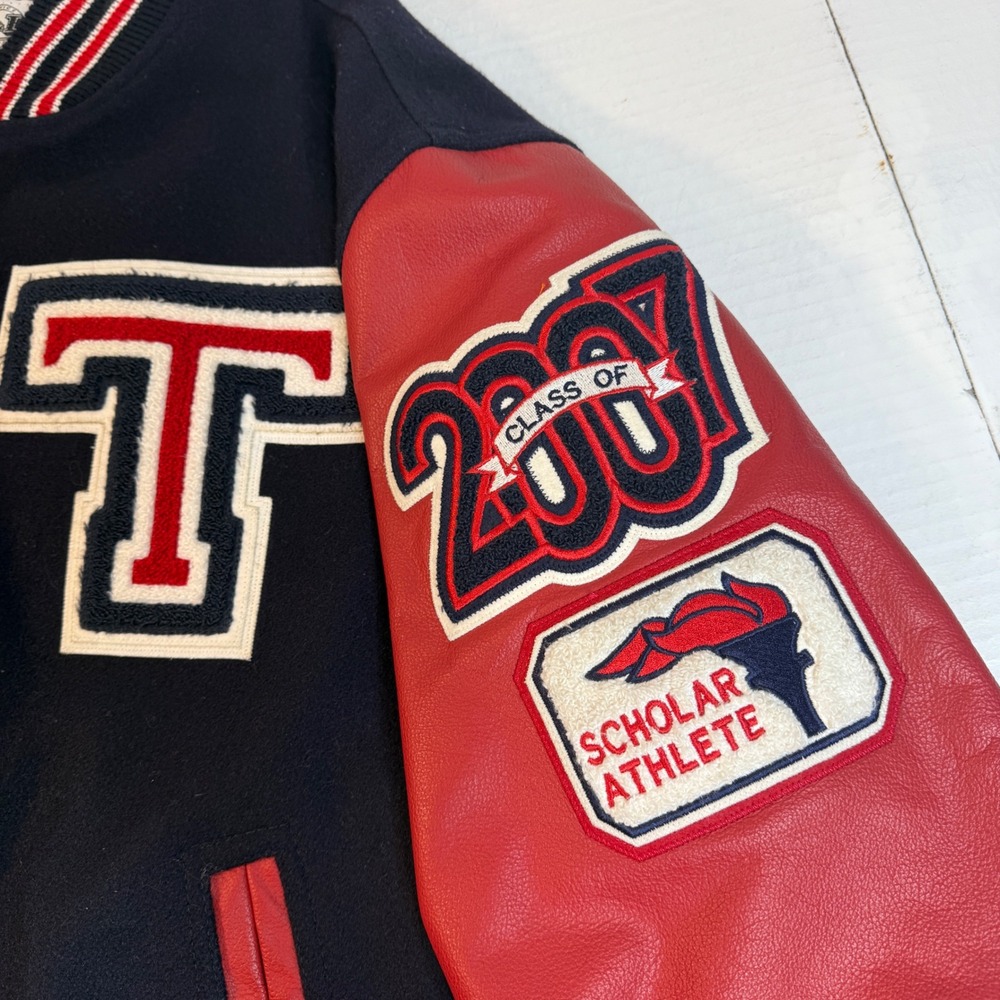 Letterman Jacket 3XL Leather wool Varsity Y2K Patch authentic red blue Wrestling - Picture 3 of 16